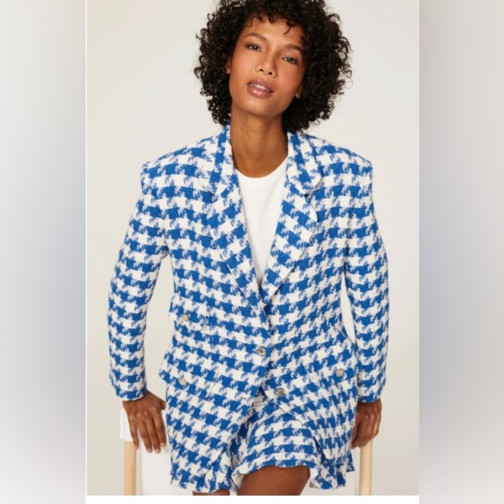 Joie Houndstooth Blue White Oversized Blazer
